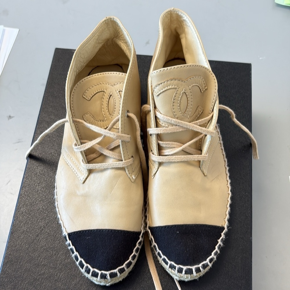 CHANEL Cream and Black Espadrille high tops